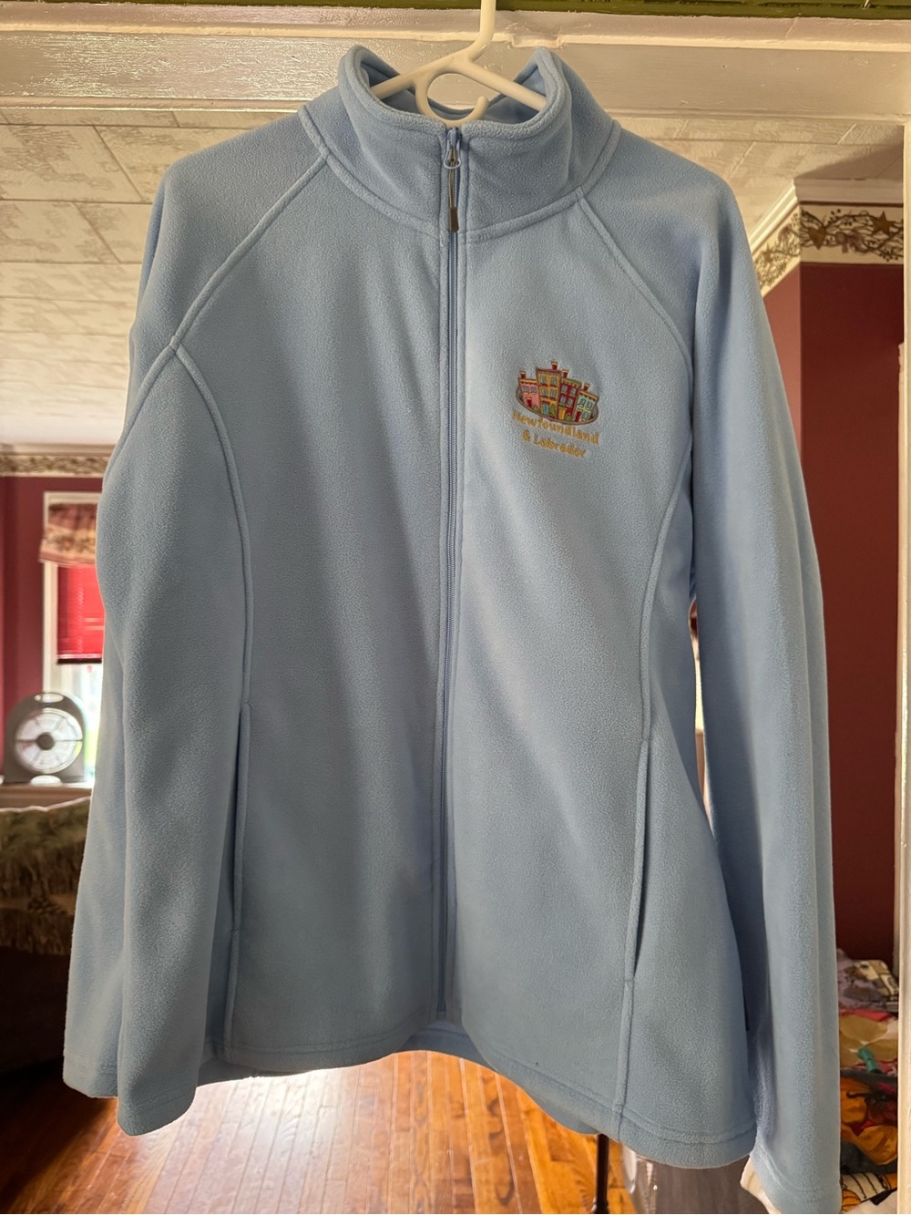 Light Blue Full-Zip Teddy Jacket with Embroidered Crest